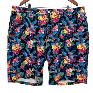 Hreski NEW Men's Sz 42 Black Multicolor Floral Fruit 9" Inseam Chino Golf Shorts